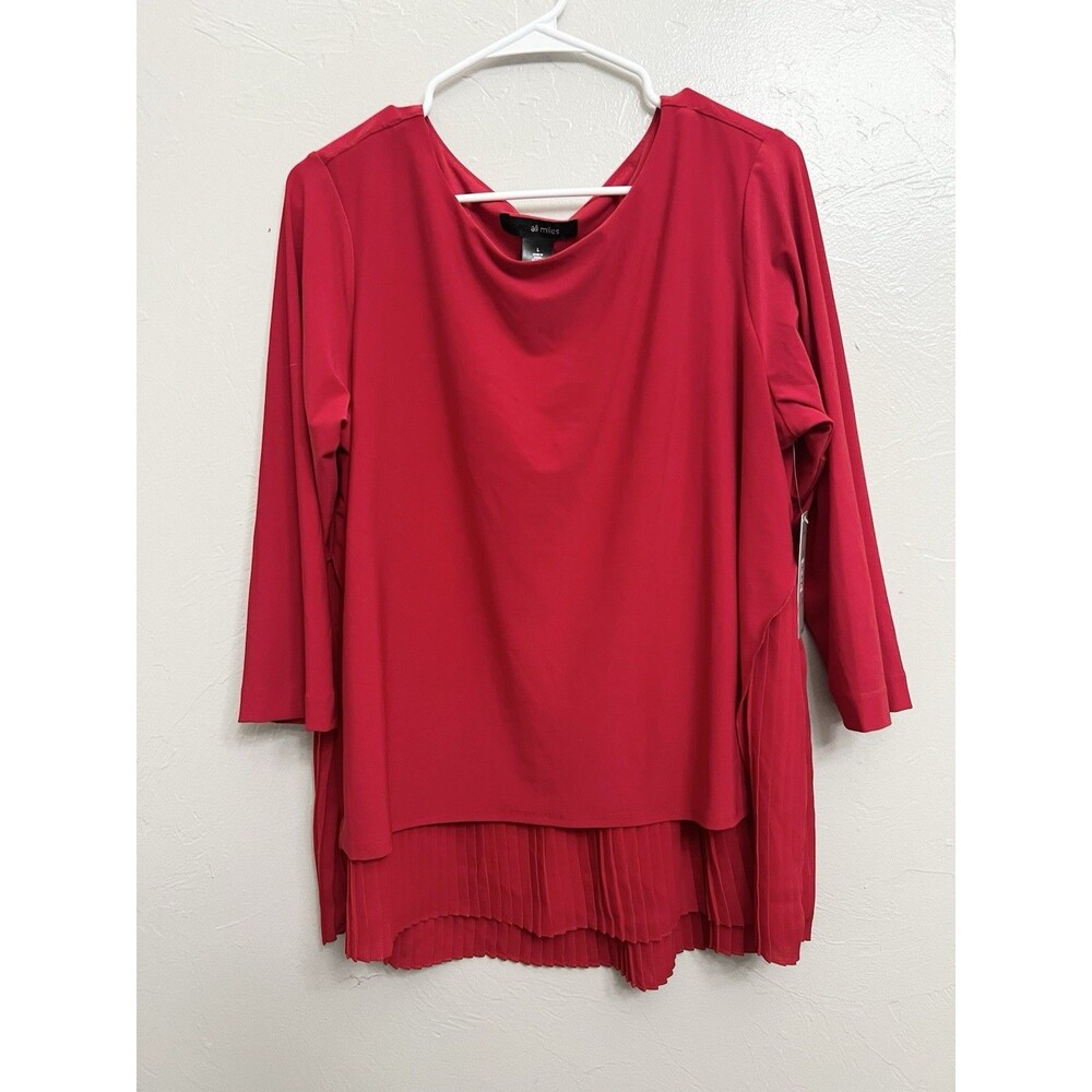 Ali Miles Tunic Top Shirt Large L Flowy 3/4 Sleeve Stretch Pleated New Red Boxy